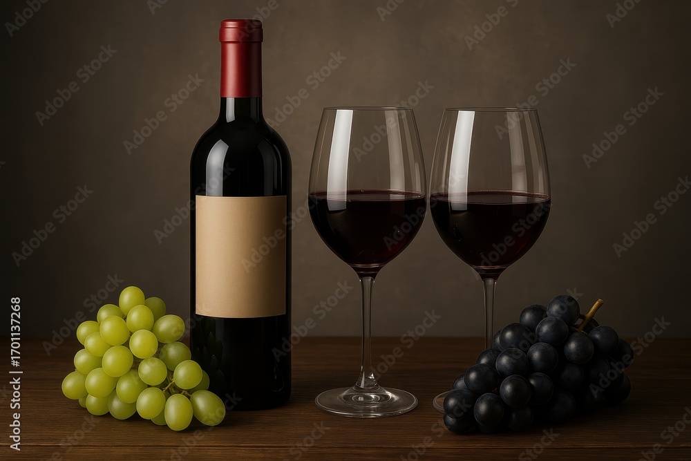 Obraz premium Elegant wine tasting arrangement with premium grapes creating sophisticated culinary scene perfect for vineyard marketing and gourmet food industry promotional materials