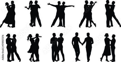 Silhouettes of couples dancing ballroom dance styles in elegant poses, showcasing romance, connection, movement, grace, and partnership vector illustration.