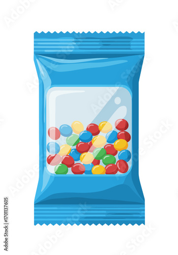 Colorful Candies in a Blue Plastic Wrapper with Clear Window.