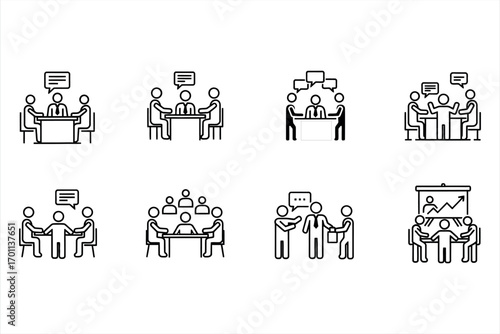 Business meeting icons people talking at table and presentation with graph discussion conversation