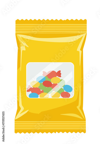 Yellow Candy Bag Filled with Colorful Hard Candies.