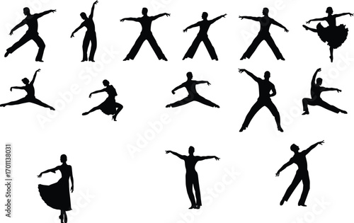 Silhouettes of diverse male and female dancers performing contemporary, ballet, and modern dance poses, showcasing dynamic movement and artistic expression vector.