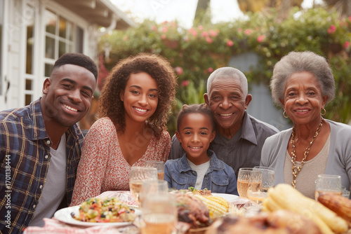 A multi-generation African American family eating a meal together outdoors 