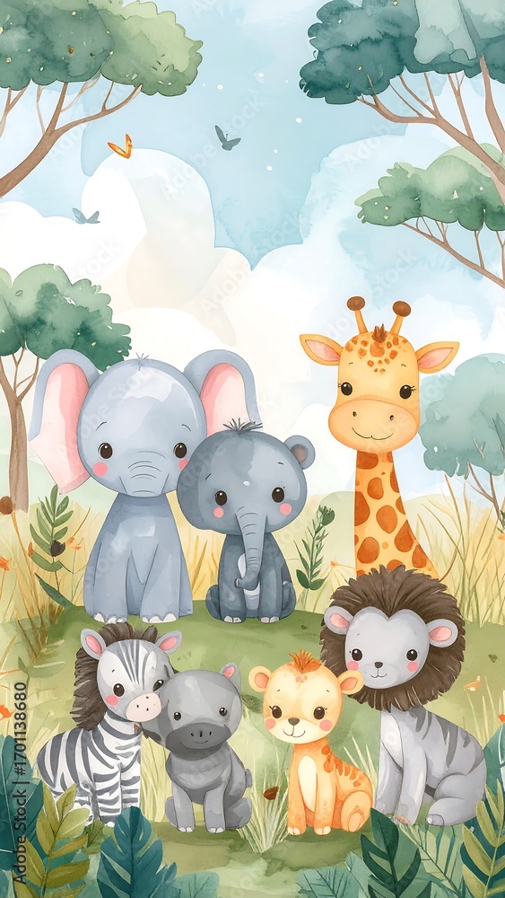 Naklejka premium Cute safari animals in a lush landscape
