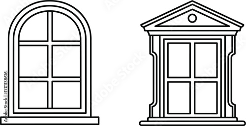 Two Stylized Windows with Arched Tops and Grid Panes - Architectural Design Elements

