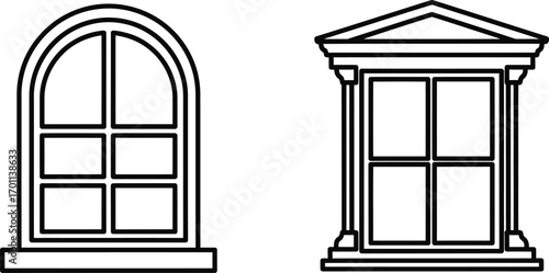 Two Stylized Windows with Arched Tops and Grid Panes - Architectural Design Elements

