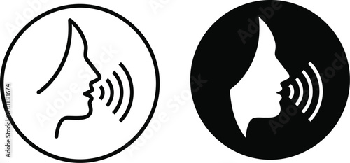 Speaking Icon Set: Man with Open Mouth, Sound Wave, and Voice Command Symbols