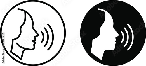 Speaking Icon Set: Man with Open Mouth, Sound Wave, and Voice Command Symbols