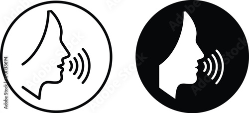 Speaking Icon Set: Man with Open Mouth, Sound Wave, and Voice Command Symbols