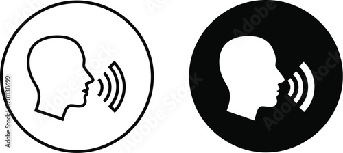 Speaking Icon Set: Man with Open Mouth, Sound Wave, and Voice Command Symbols