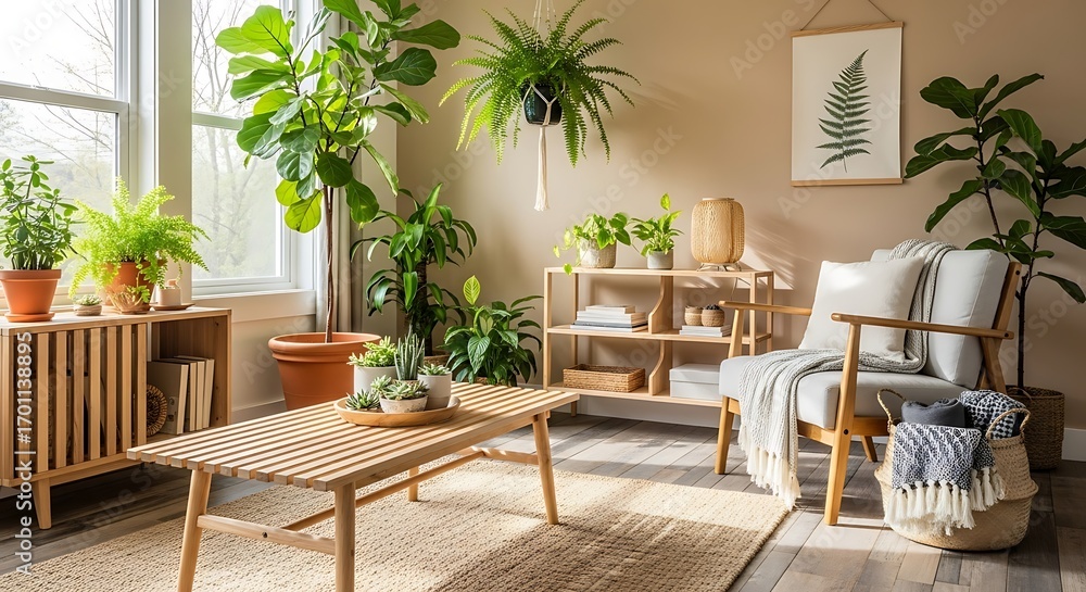Fototapeta premium A cozy living room filled with house plants, a modern living space. The interior features wooden furniture, a comfortable sofa, and natural light