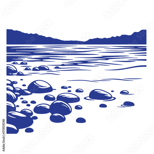 A calm coastal scene featuring pebble beach and mountainous landscape in vector art