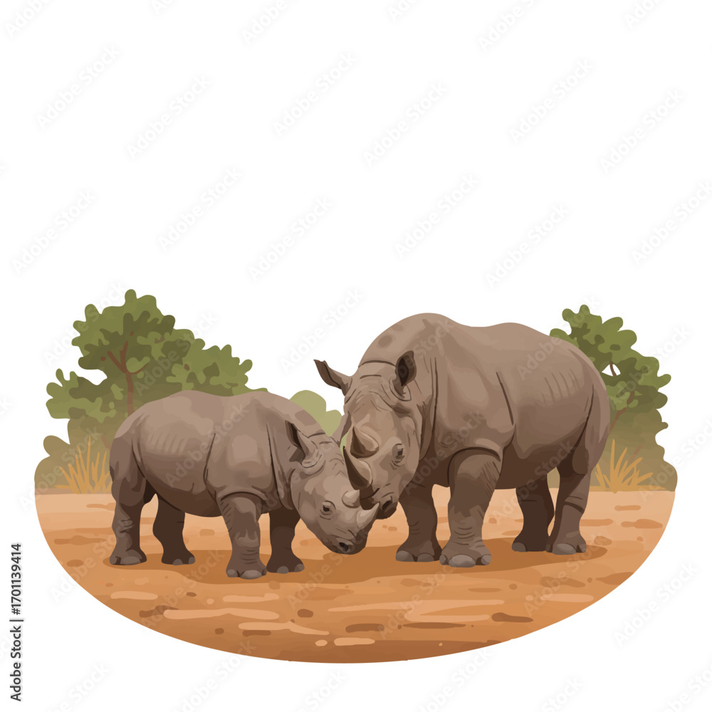 Obraz premium A gentle mother rhinoceros tenderly nuzzles her baby in a dusty clearing with green shrubs, depicted in a vibrant 2D flat vector illustration style with clean outlines.