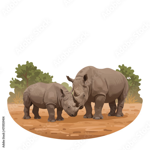 A gentle mother rhinoceros tenderly nuzzles her baby in a dusty clearing with green shrubs, depicted in a vibrant 2D flat vector illustration style with clean outlines.