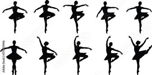 Silhouettes of elegant ballet dancers performing various classic poses wearing tutus, showcasing grace, balance, flexibility, and artistic dance movements in vector format.