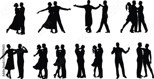 Silhouettes of elegant dancing couples in various ballroom poses, expressing romance, grace, movement, and passion in vector style design.