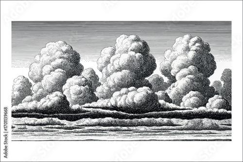 Detailed black and white illustration of cumulonimbus clouds in a layered sky storm clouds weather