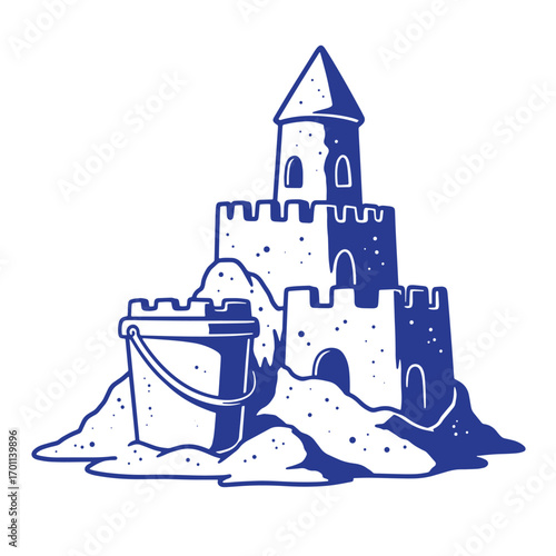 Blue and white sandcastle illustration depicting beach summer fun activity and vacation recreation