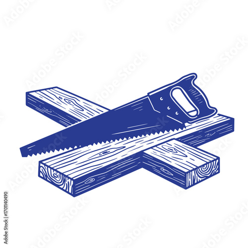 Blue saw cutting wood planks illustration representing carpentry and woodworking crafts