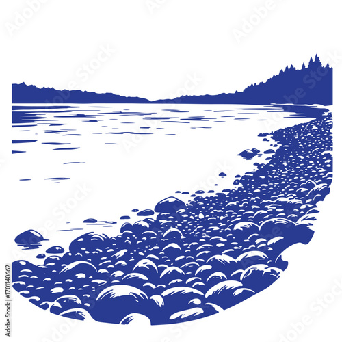 Blue vector illustration depicting a rocky shoreline lake and distant mountain range