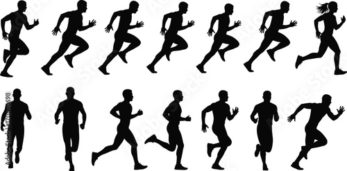 Silhouettes of female and male runners in various dynamic sprinting and jogging poses, showing fitness, speed, power, energy, athletic movement.