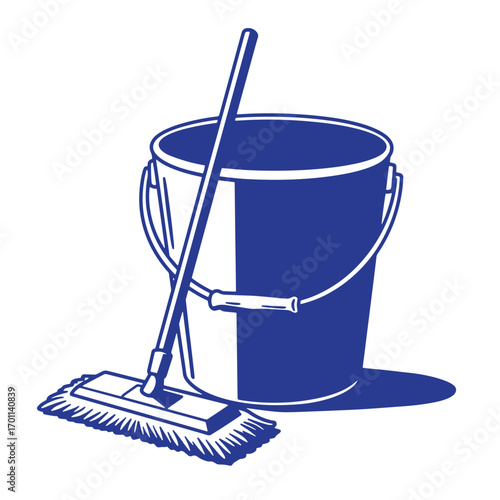 Cleaning supplies illustration depicting a blue bucket mop and cleanliness theme