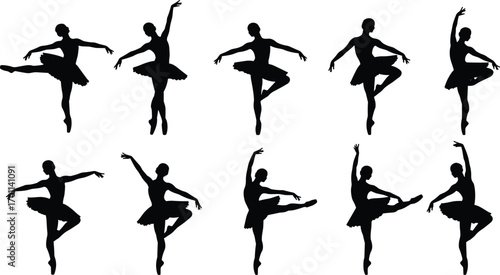 Silhouettes of graceful ballet dancers in various classic poses wearing tutus, demonstrating balance, flexibility, elegance, and artistry in black vector design.