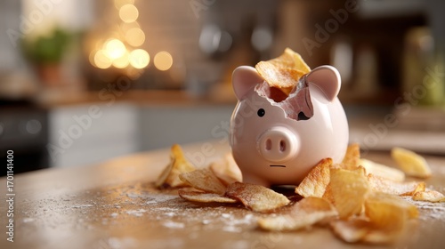 Cracked piggy bank spills packaged ham and chips, playful twist on savings with retro snack chaos.