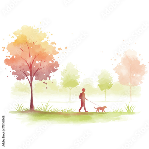 Serene scene of a person walking a dog in a park with beautiful trees, nature walk