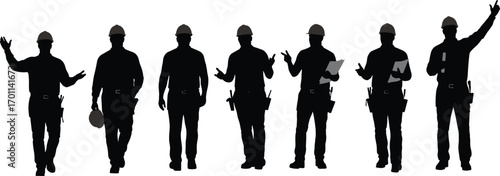 Silhouettes of Hard‑Hat Construction Workers Holding Plans and Gesturing at Worksite Wearing Safety Gear Standing Together Team