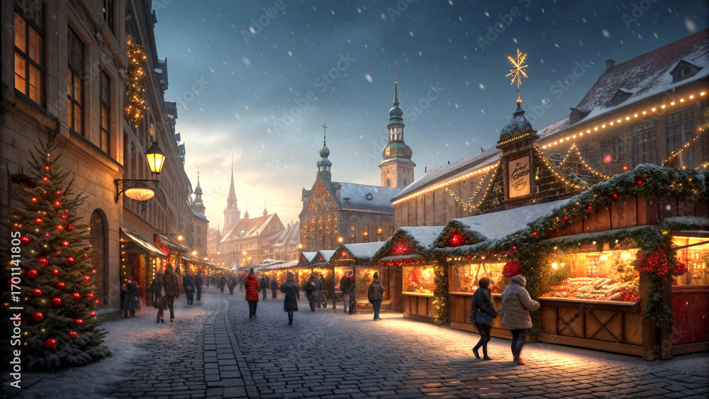 Fototapeta premium Medieval european christmas market glowing with festive lights