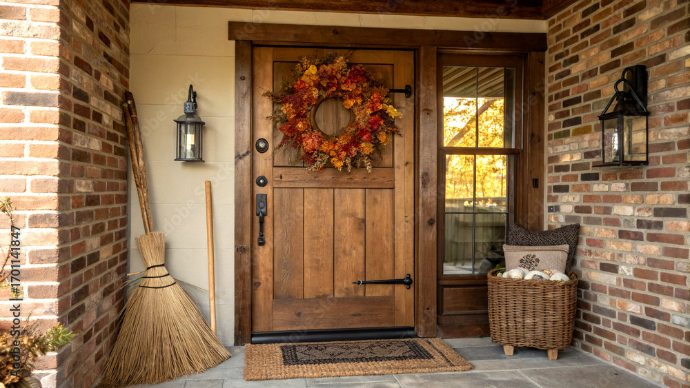 Obraz premium Rustic wooden door with autumn wreath and cozy entrance