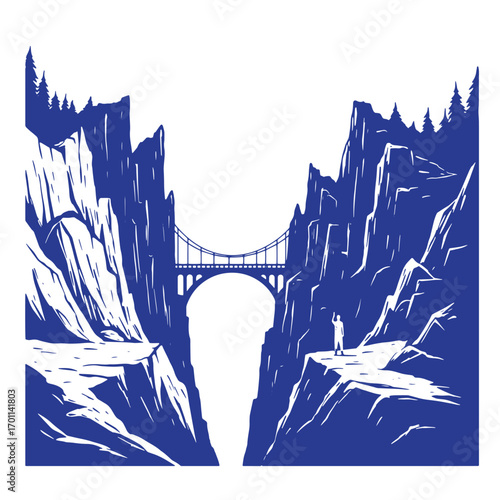Dramatic blue illustration of a bridge spanning canyon with a small figure observing