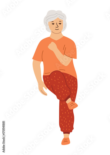 Elderly women cardio workout, elbow exercise. Health exercise adult senora pensioner on rehabilitation. Active old funny lady character fitness gymnastics helpful cardio gym relaxation vector design