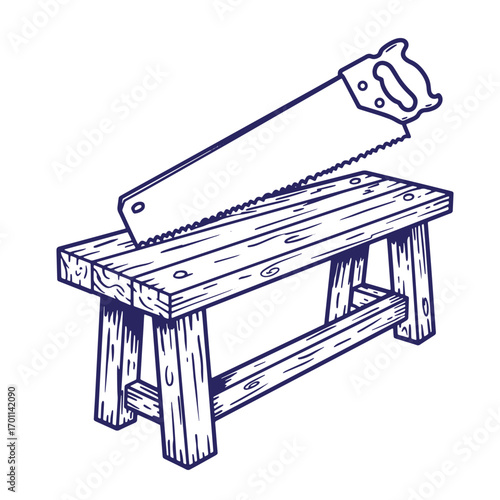 Hand drawn illustration of a hand saw resting on a wooden bench isolated