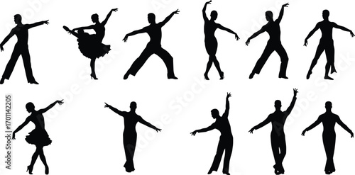 Silhouettes of male and female dancers performing dynamic dance poses, showcasing elegant movement, artistic expression, and graceful dance styles vector illustration.