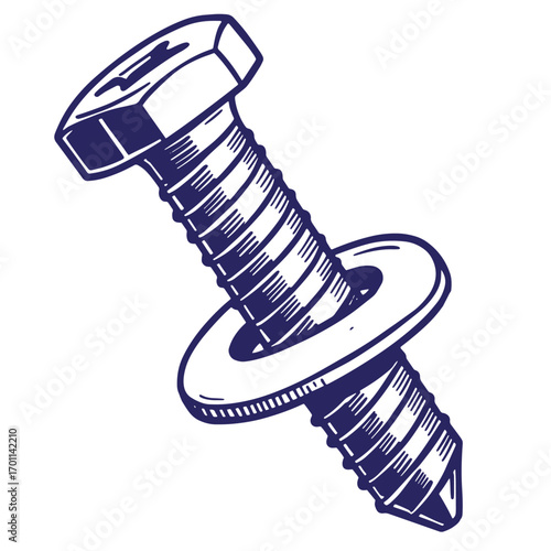 Hand drawn illustration of a bolt with a washer in a bold graphic style isolated on white background