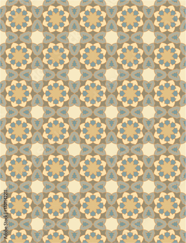 Seamless geometric mosaic pattern with floral shapes. Ideal for tiles, textiles, wallpapers, traditional decorative backgrounds projects, and architectural designs.