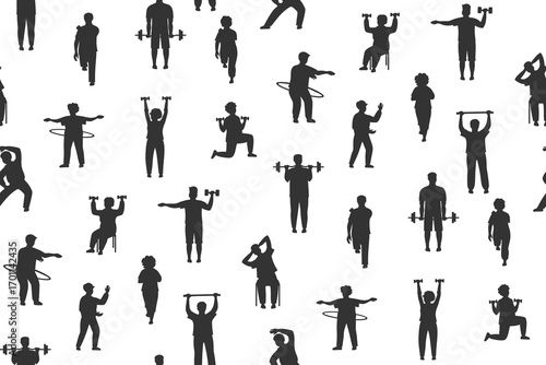 Older people play sports seamless pattern. Silhouette elderly fitness characters old men women endless background. Adult seniors running exercises gym cardio yoga stretching jogging repeat vector