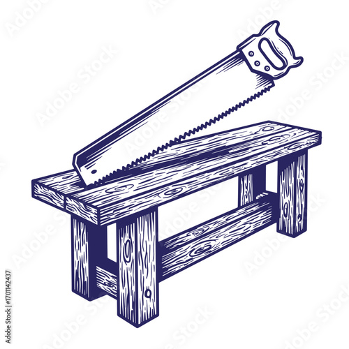 Hand saw resting on a wooden workbench in a detailed engraved illustration
