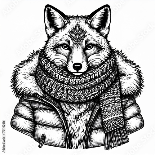 Detailed Black and White Illustration of Fox Wearing Winter Jacket and Scarf on White Background