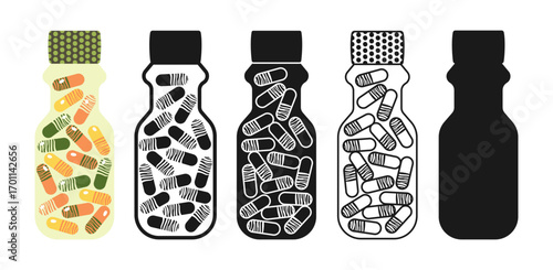 Medicine bottle with pills capsules vitamin supplements cartoon set. Ayurveda medicine symbol. Pharmaceutical alternative flat design medical ayurvedic remedy logo, silhouette vector illustration