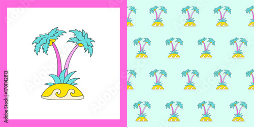 Tropical palm trees retro cartoon seamless pattern. Summer beach exotic comic 90s boundless background. Psychedelic hippie sticker endless design for paper print textile, wrapper backdrop template