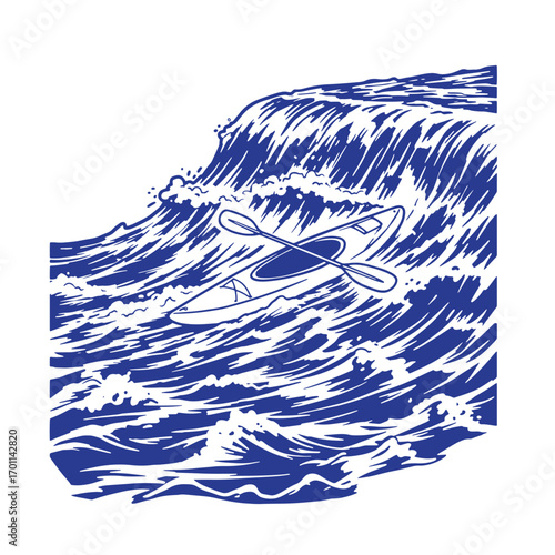 Kayak navigating a stormy ocean depicted in bold blue and white silhouette art