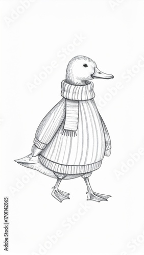 Pen and Ink Illustration of Duck with Scarf and Sweater on White Background