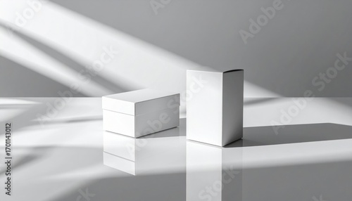 Wallpaper Mural Two White Geometric Boxes in Soft Lighting on Glossy Surface and Neutral Background Torontodigital.ca