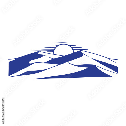 Minimalist blue desert landscape vector illustration depicting sand dunes and setting sun
