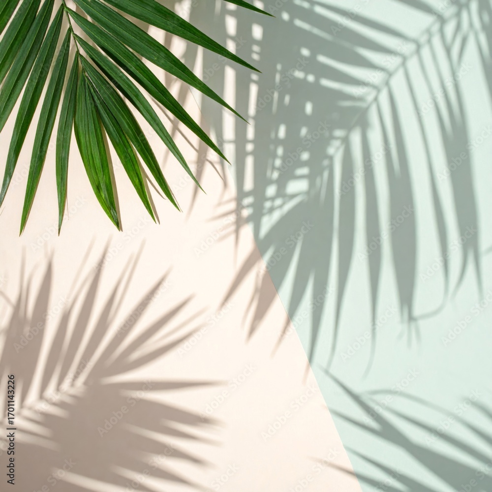 Fototapeta premium Palm Leaf Frond Casting Shadows on Split Tone Light Pink and Light Green Background