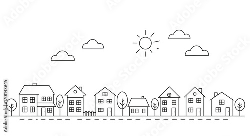 Line art illustration of a suburban street with houses, trees, sun, and clouds.