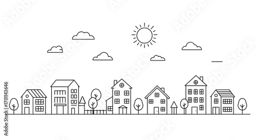 Line art illustration of a suburban street with houses, trees, sun, and clouds.